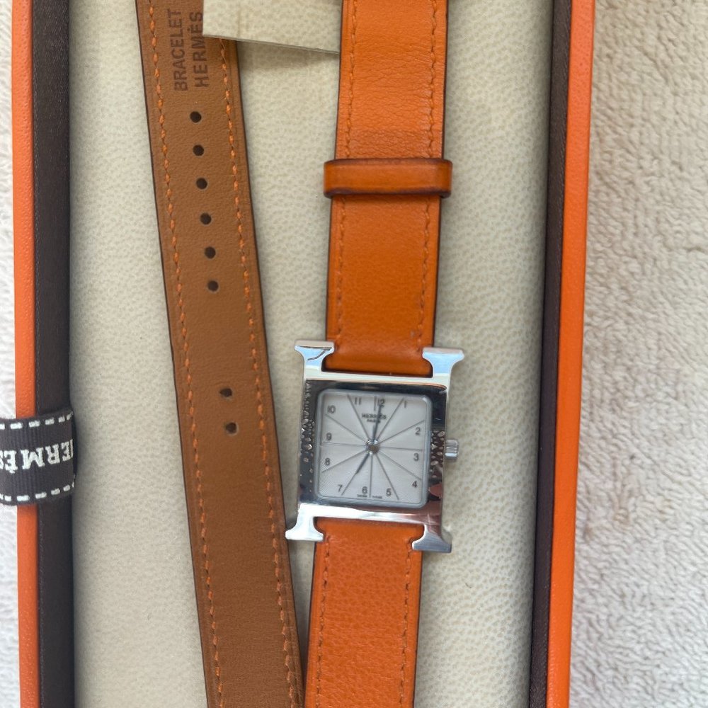 Hermes Heure H Watch, Small Model, 25mm with orange wrap around leather band